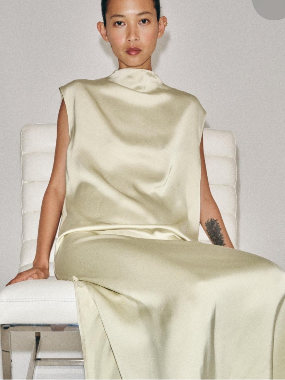 Zara Satin Midi Dress in Pale Cream